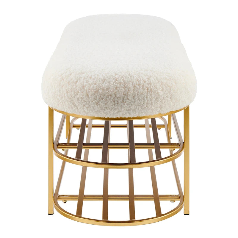 Faux Shearling Upholstered Bench with 2-Shelf Storage