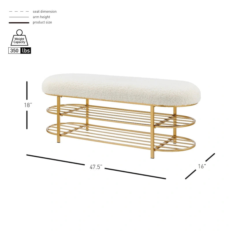 Faux Shearling Upholstered Bench with 2-Shelf Storage