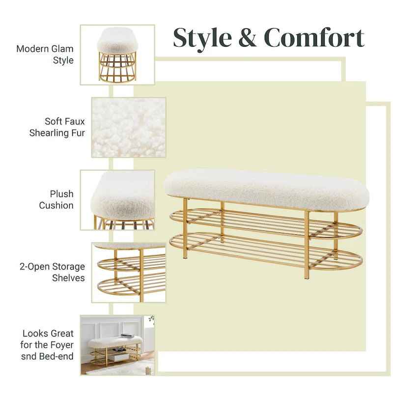 Faux Shearling Upholstered Bench with 2-Shelf Storage