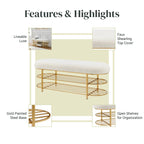 Faux Shearling Upholstered Bench with 2-Shelf Storage
