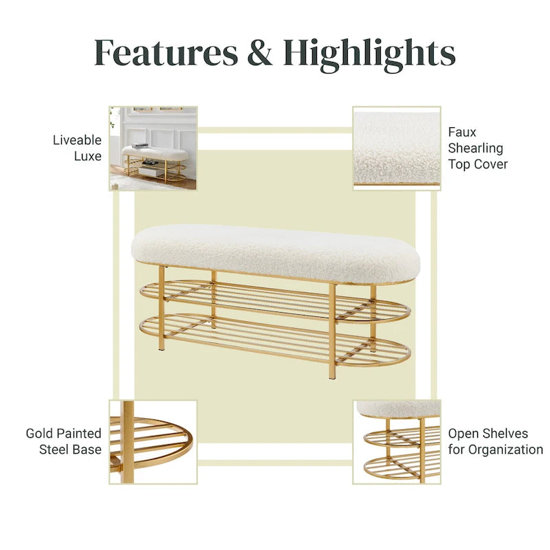 Faux Shearling Upholstered Bench with 2-Shelf Storage