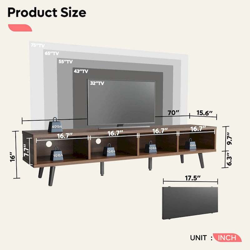 TV Stand for TVs up to 75" – Mid-Century Entertainment Center Console, 70 Inches