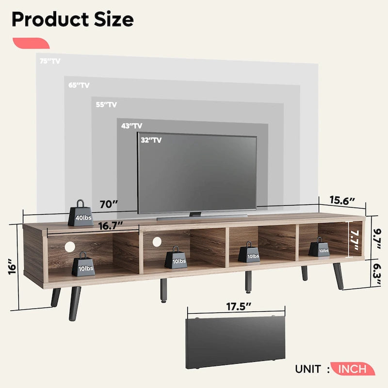 TV Stand for TVs up to 75" – Mid-Century Entertainment Center Console, 70 Inches