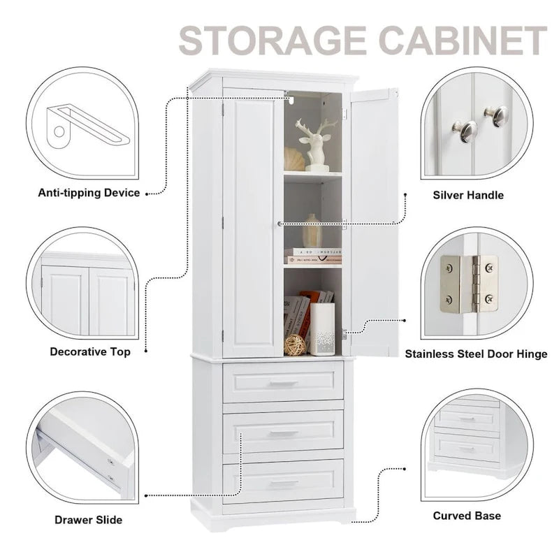 Tall Bathroom Storage Cabinet with 3 Drawers – White