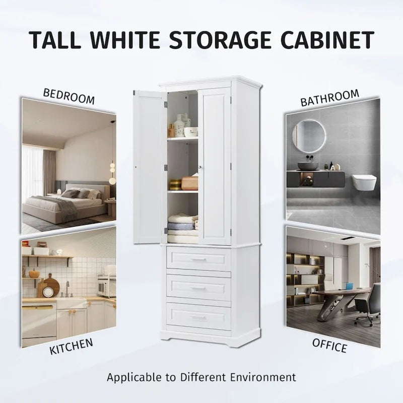 Tall Bathroom Storage Cabinet with 3 Drawers – White