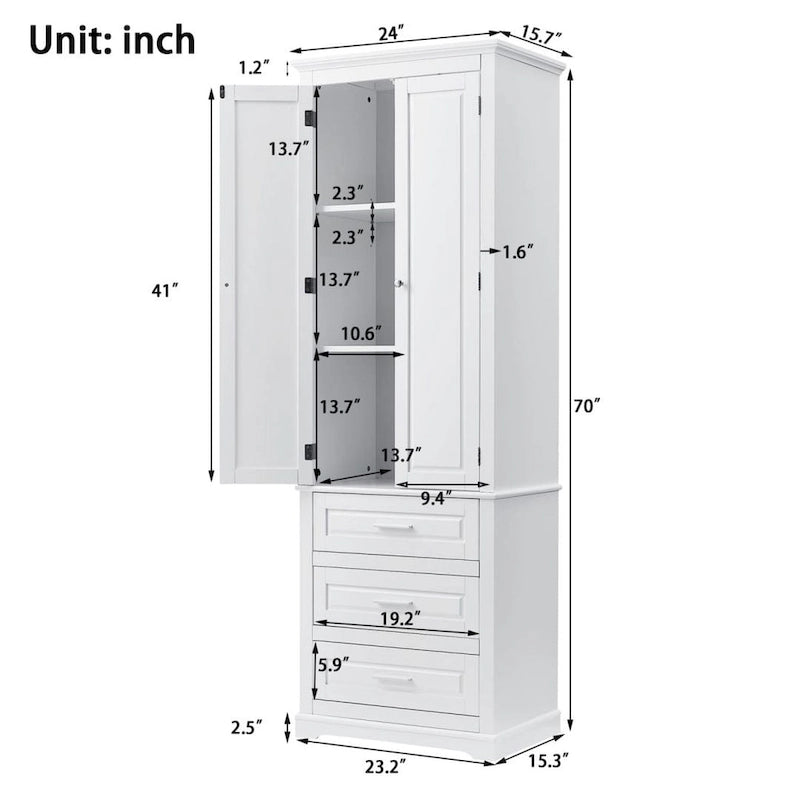 Tall Bathroom Storage Cabinet with 3 Drawers – White