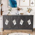 4-Door Storage Cabinet with Mirrored Doors and Solid Wood Legs