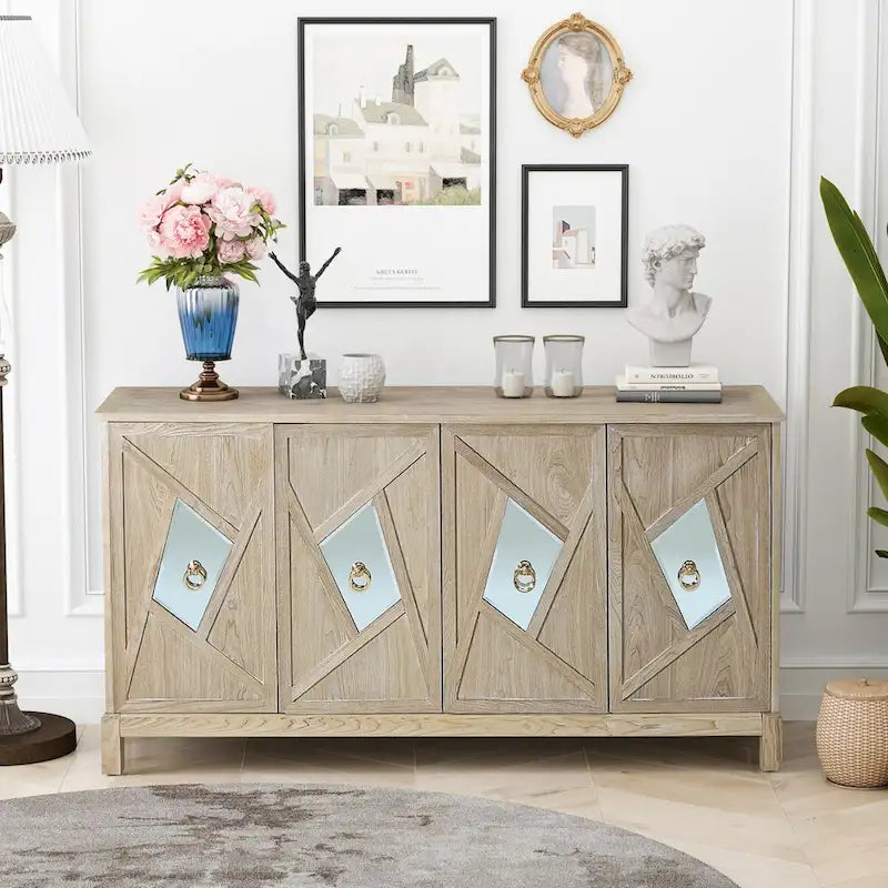 4-Door Storage Cabinet with Mirrored Doors and Solid Wood Legs