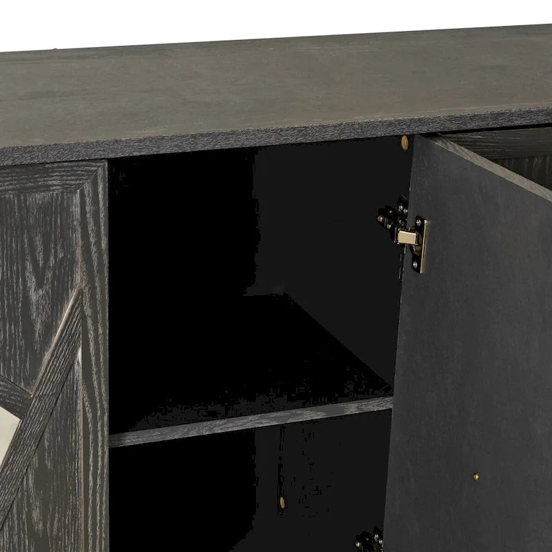 4-Door Storage Cabinet with Mirrored Doors and Solid Wood Legs