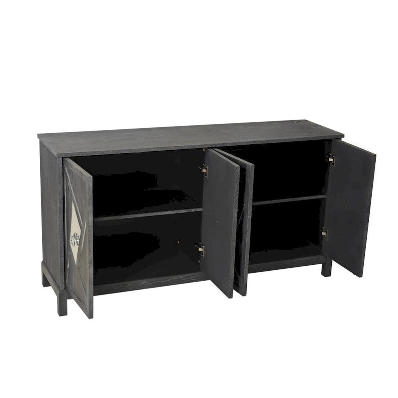 4-Door Storage Cabinet with Mirrored Doors and Solid Wood Legs