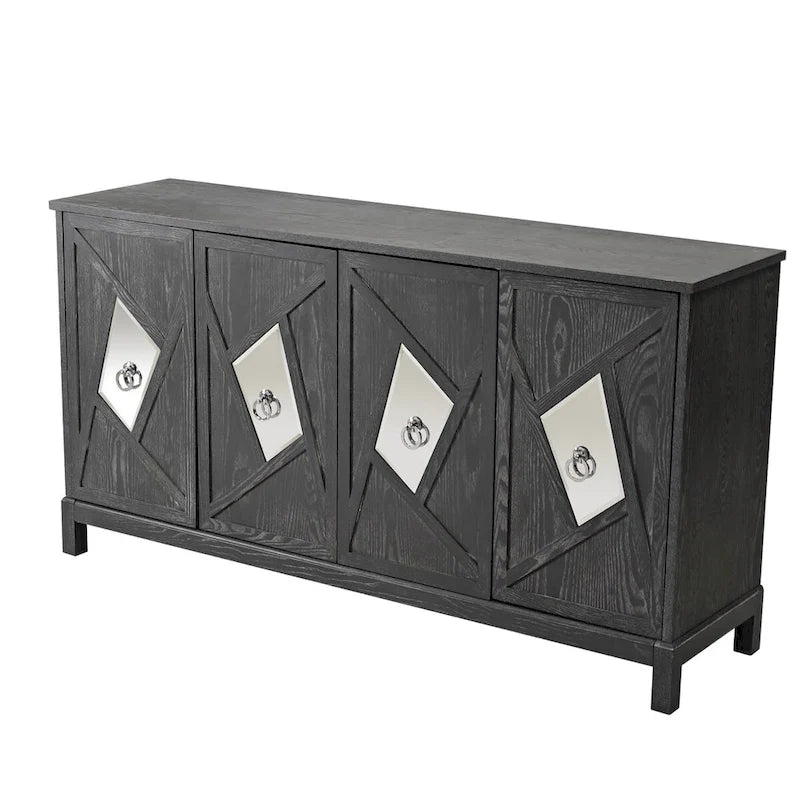 4-Door Storage Cabinet with Mirrored Doors and Solid Wood Legs