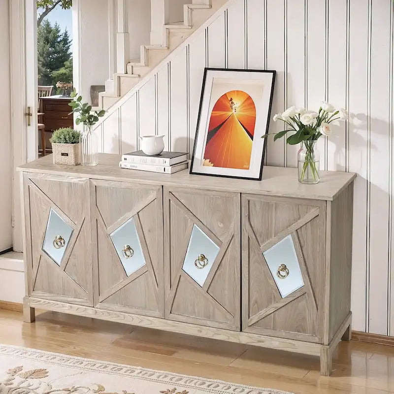 4-Door Storage Cabinet with Mirrored Doors and Solid Wood Legs