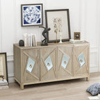 4-Door Storage Cabinet with Mirrored Doors and Solid Wood Legs