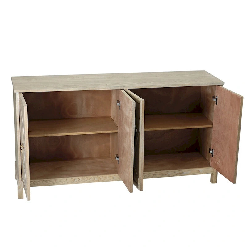 4-Door Storage Cabinet with Mirrored Doors and Solid Wood Legs
