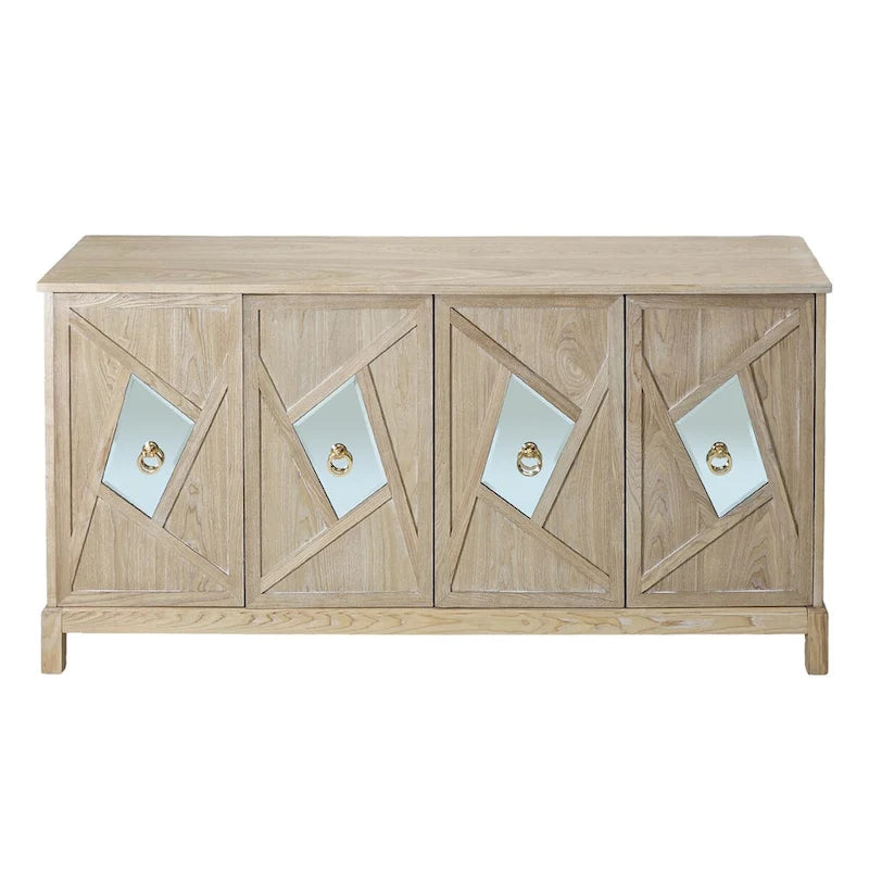 4-Door Storage Cabinet with Mirrored Doors and Solid Wood Legs
