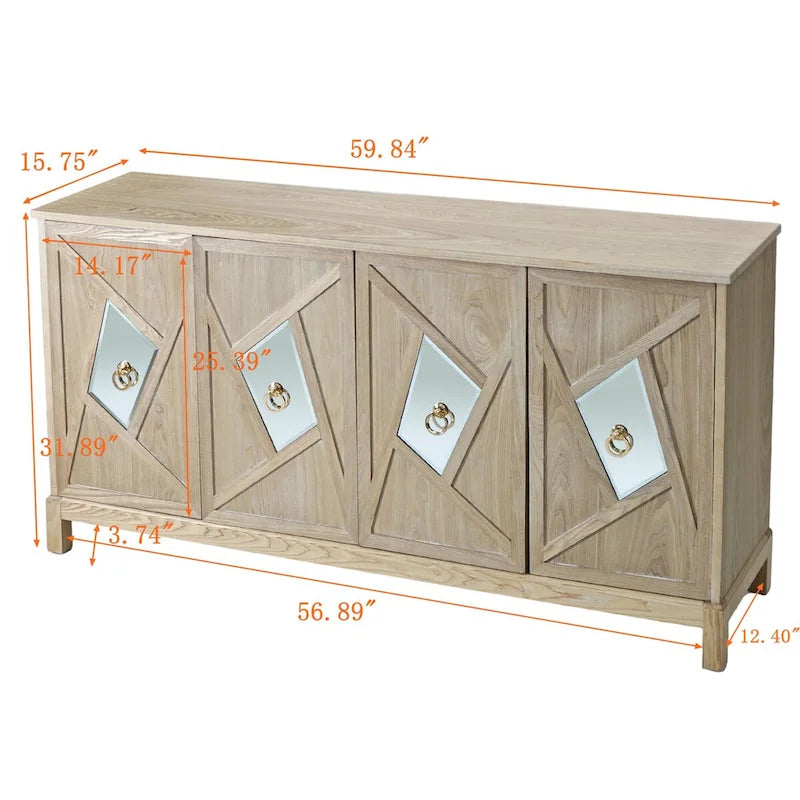 4-Door Storage Cabinet with Mirrored Doors and Solid Wood Legs