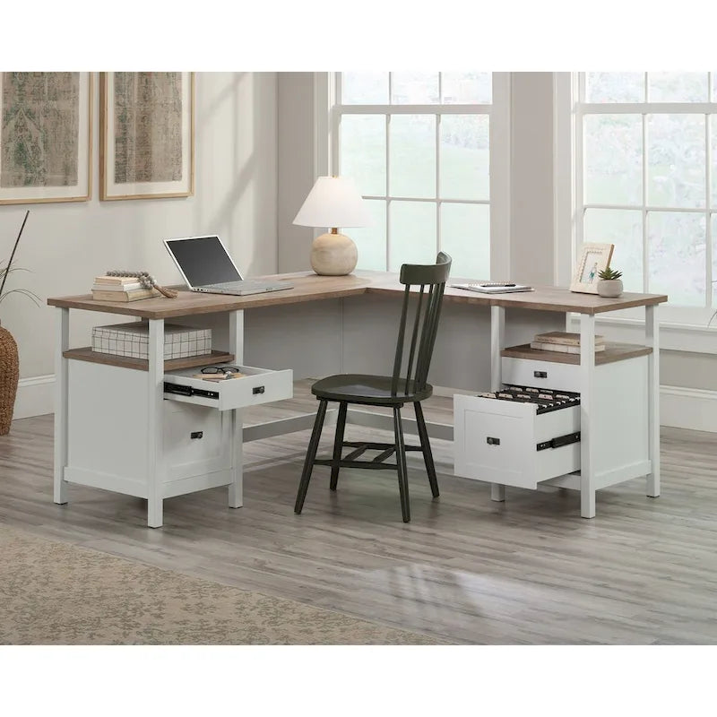 L-Shaped Desk with Drawers and Open Shelves - White