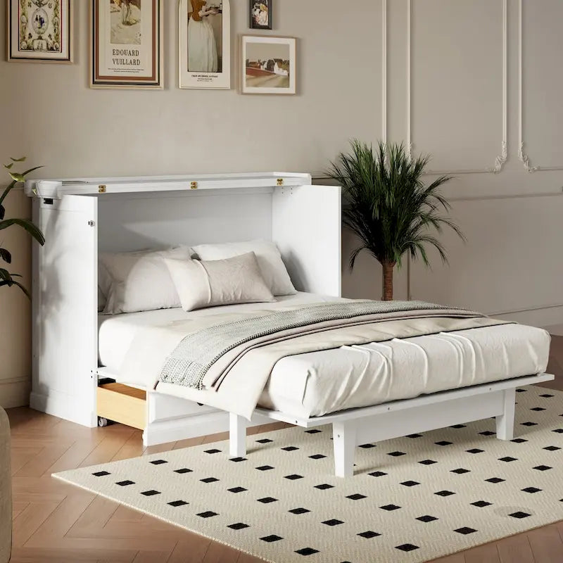 Queen Murphy Bed Cabinet in Solid Pine with USB Charging and Storage Drawer