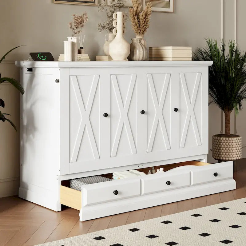 Queen Murphy Bed Cabinet in Solid Pine with USB Charging and Storage Drawer