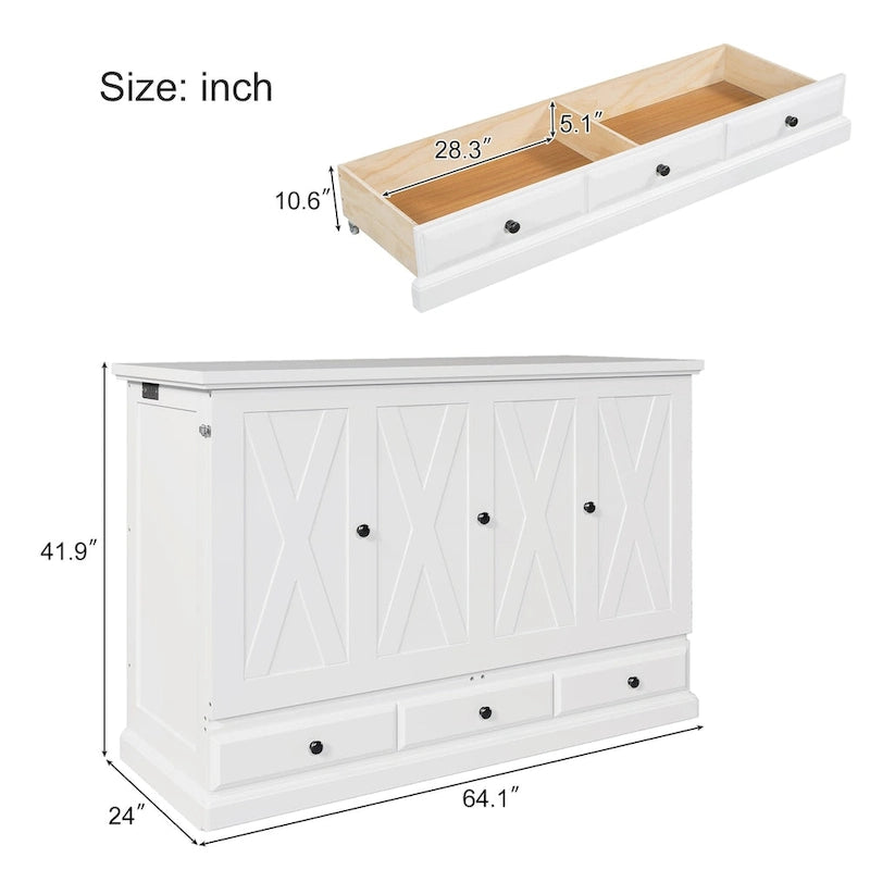 Queen Murphy Bed Cabinet in Solid Pine with USB Charging and Storage Drawer