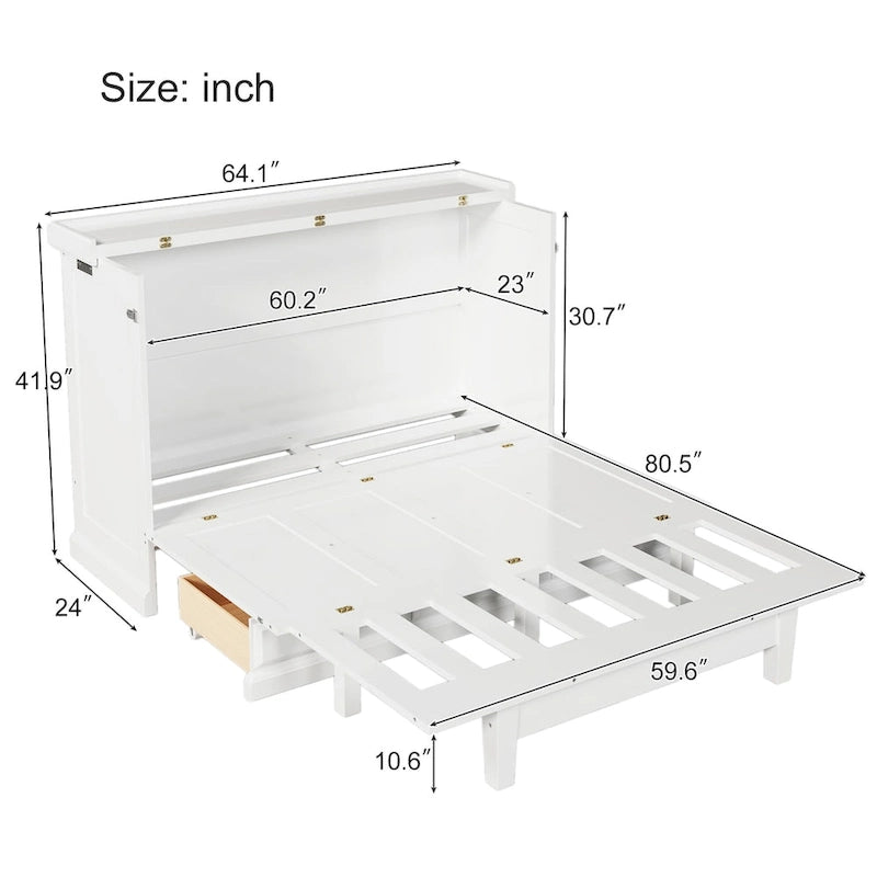 Queen Murphy Bed Cabinet in Solid Pine with USB Charging and Storage Drawer
